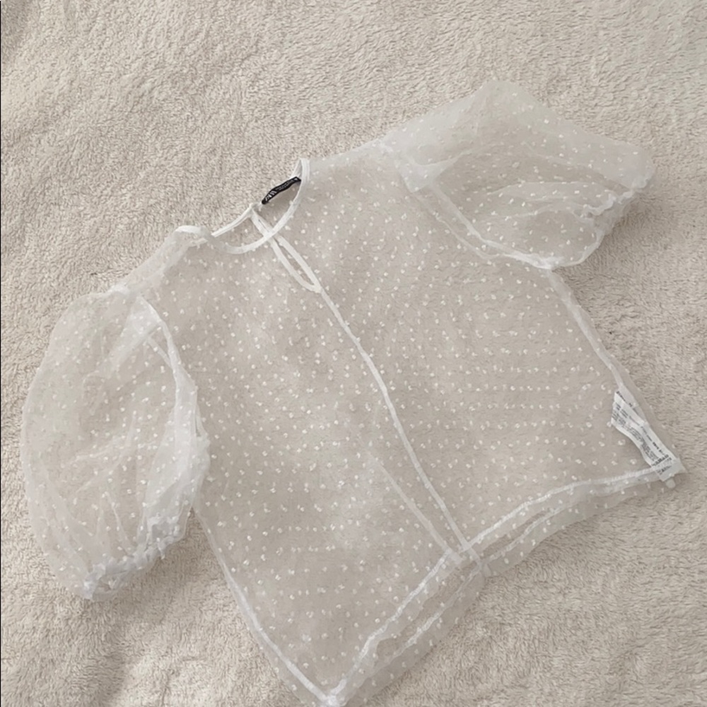 Zara | Sheer White Puffy Sleeve Mesh Top